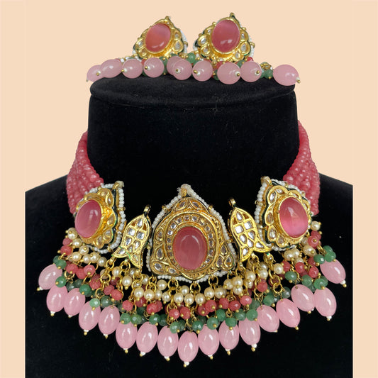 Kundan Set with Pink Stones And Pink Drops