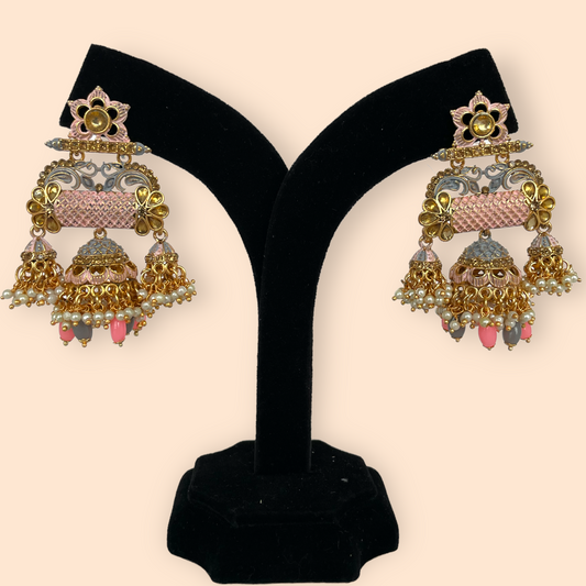 Gold Earrings with Pink Meenakari