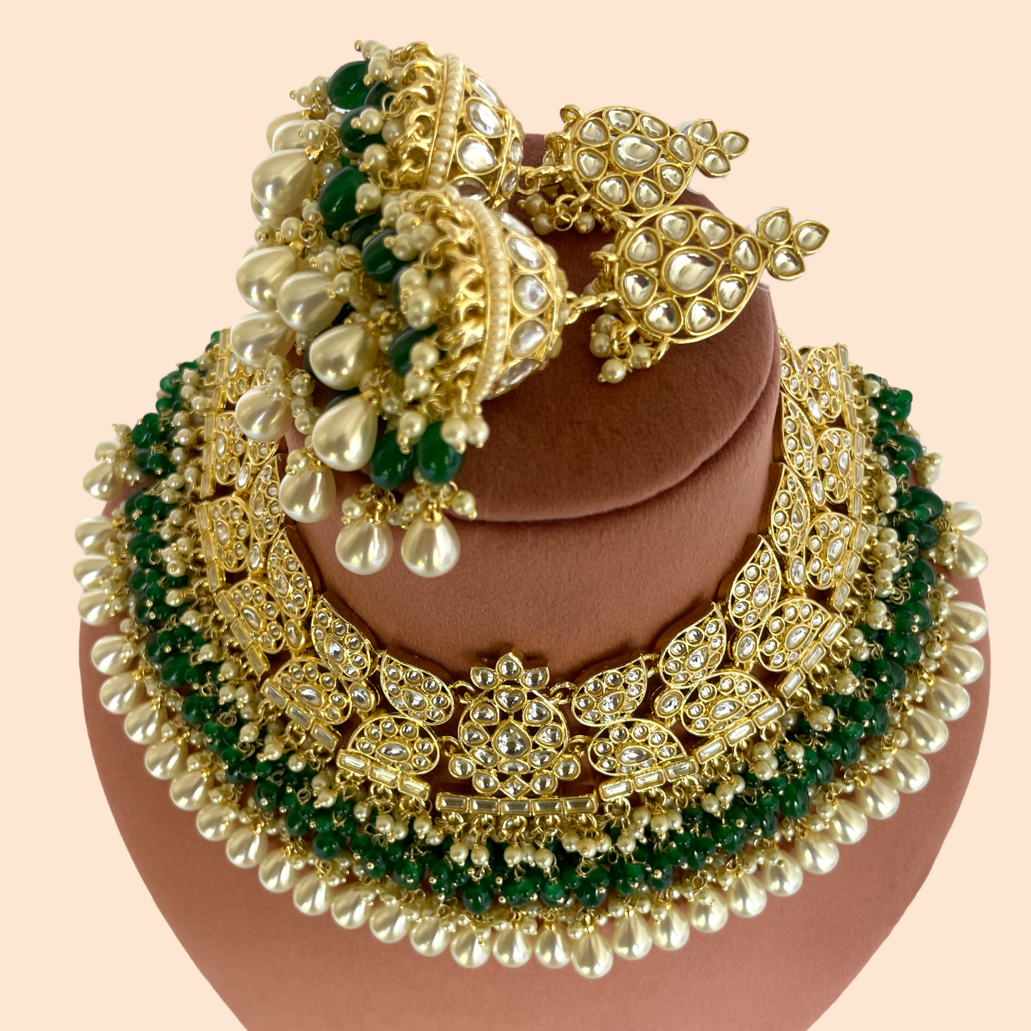 Kundan Set with Green Beads & Jhumkis