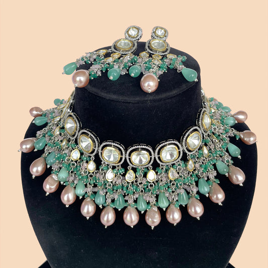 Kundan Set With Turquoise and Pink Drops