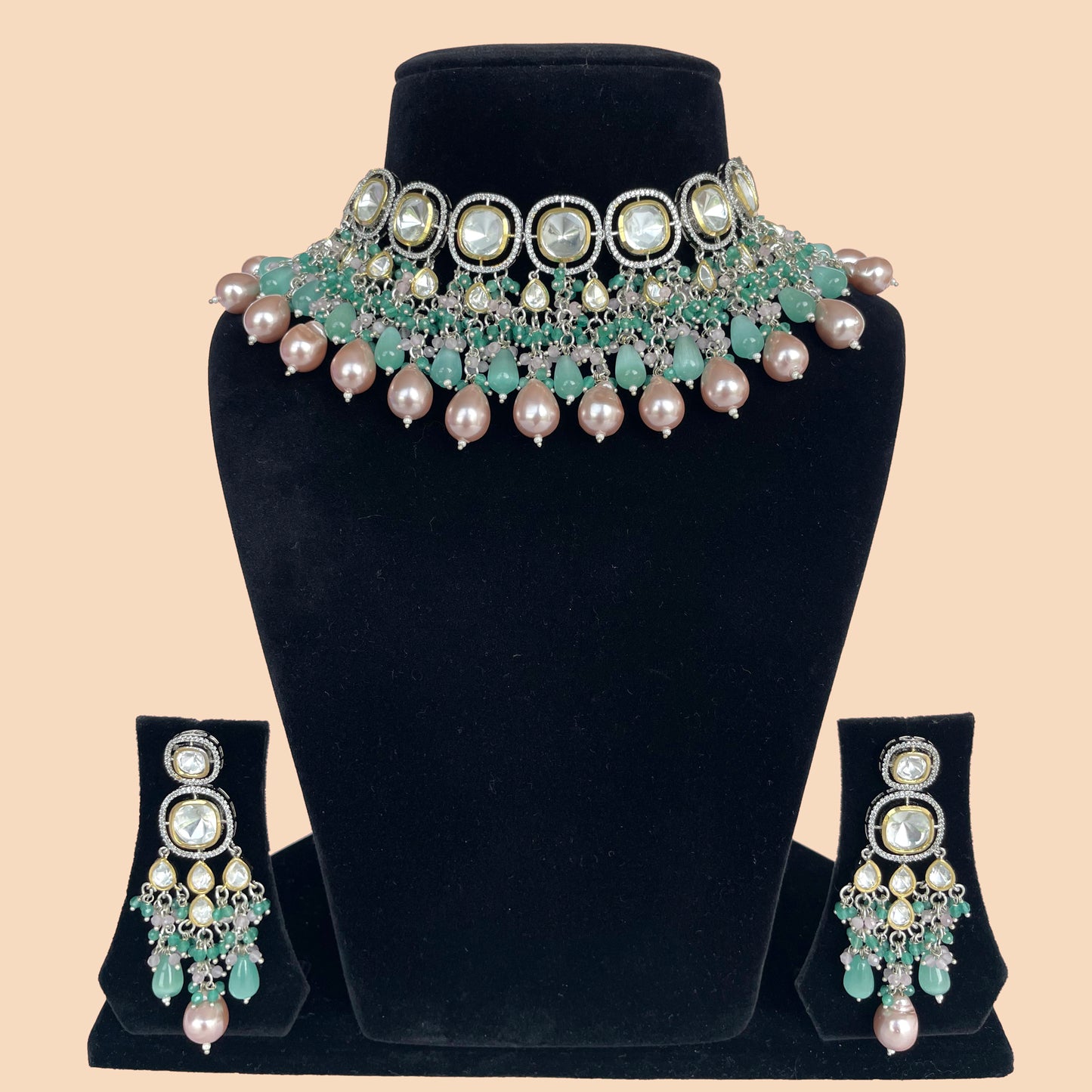 Kundan Set With Turquoise and Pink Drops