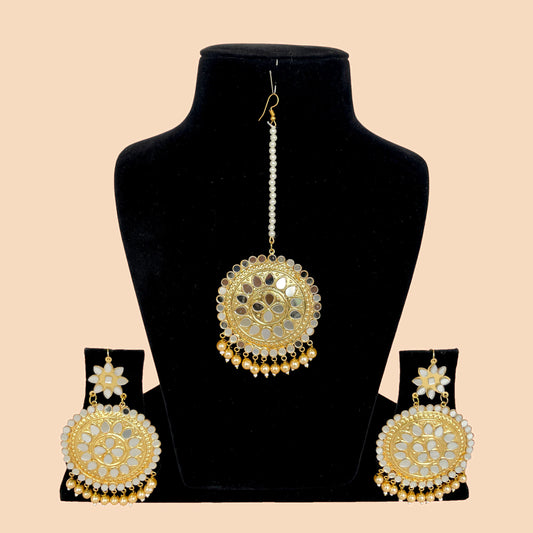 Golden Mirrorwork Earrings with Maangtikka
