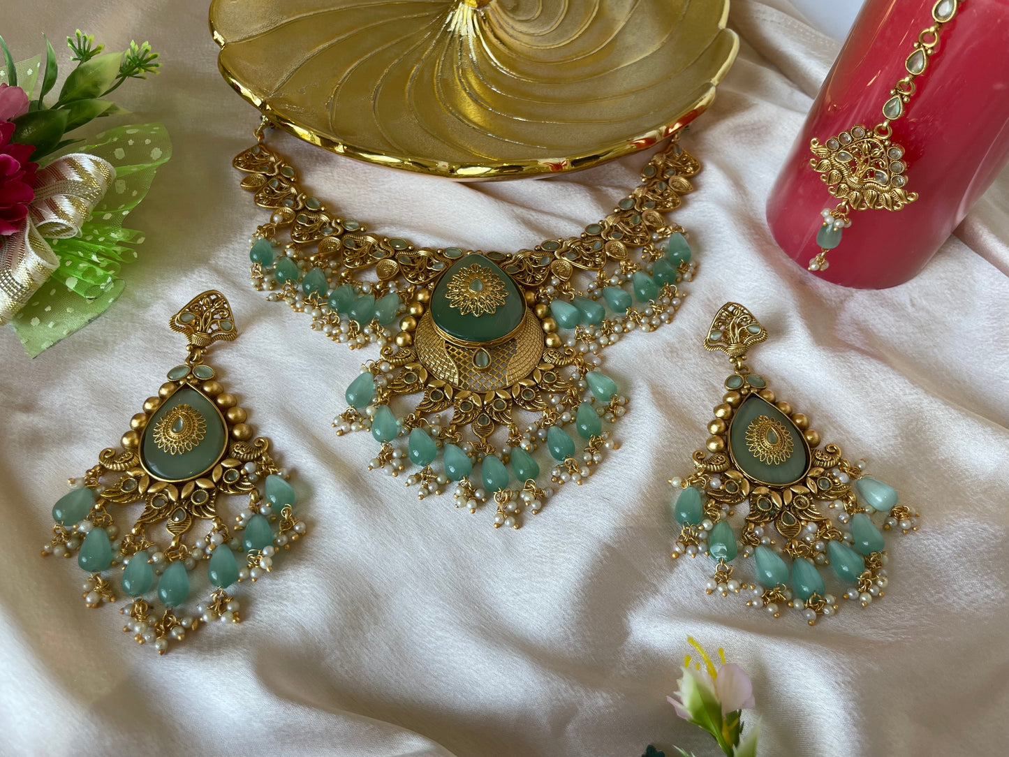 Gold Maangtikka Set with Turquoise Blue Drops