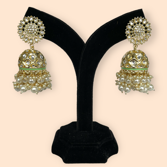 Golden and Mint Green Jhumkis with Pearl Drops