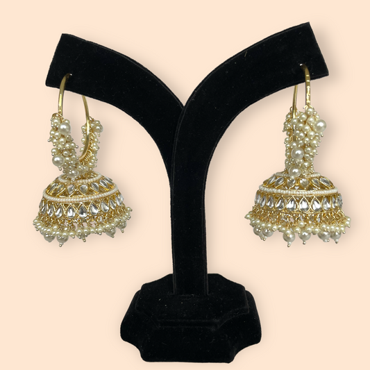 Golden Kundan Jhumkis with Hoops and Pearl Drops