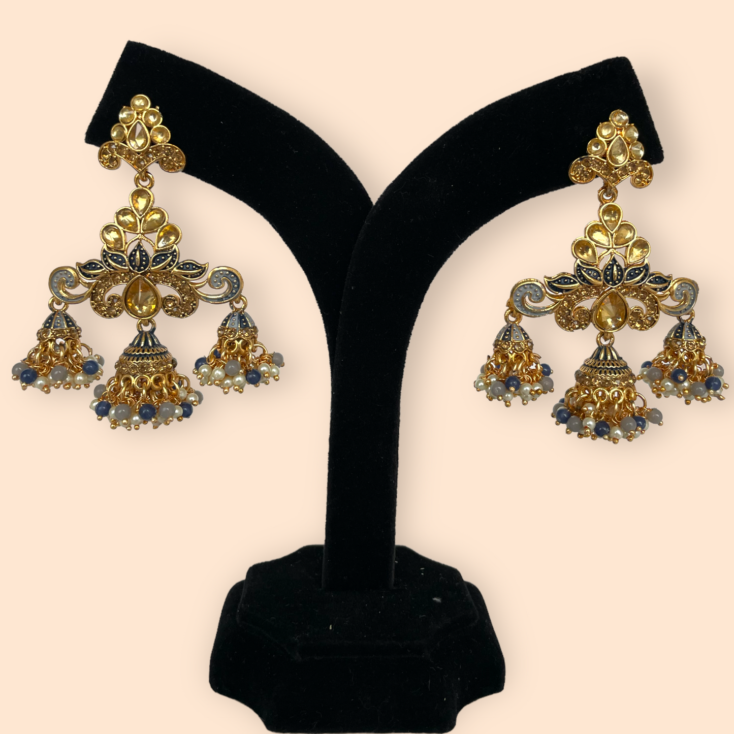 Gold Earrings with Blue Meenakari and drops