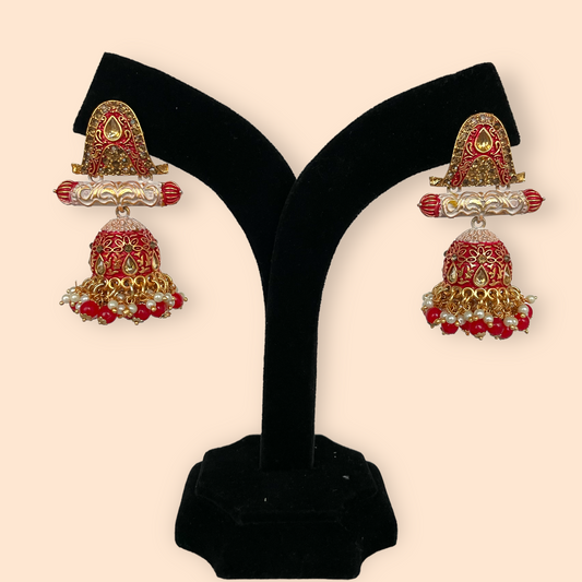 Gold Jhumkis with Red and Pink Meenakari