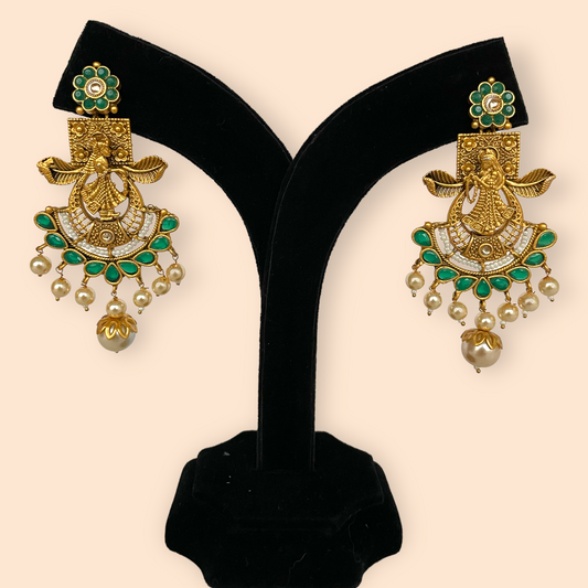 Gold Earrings with Green Stones & Pearl Drops