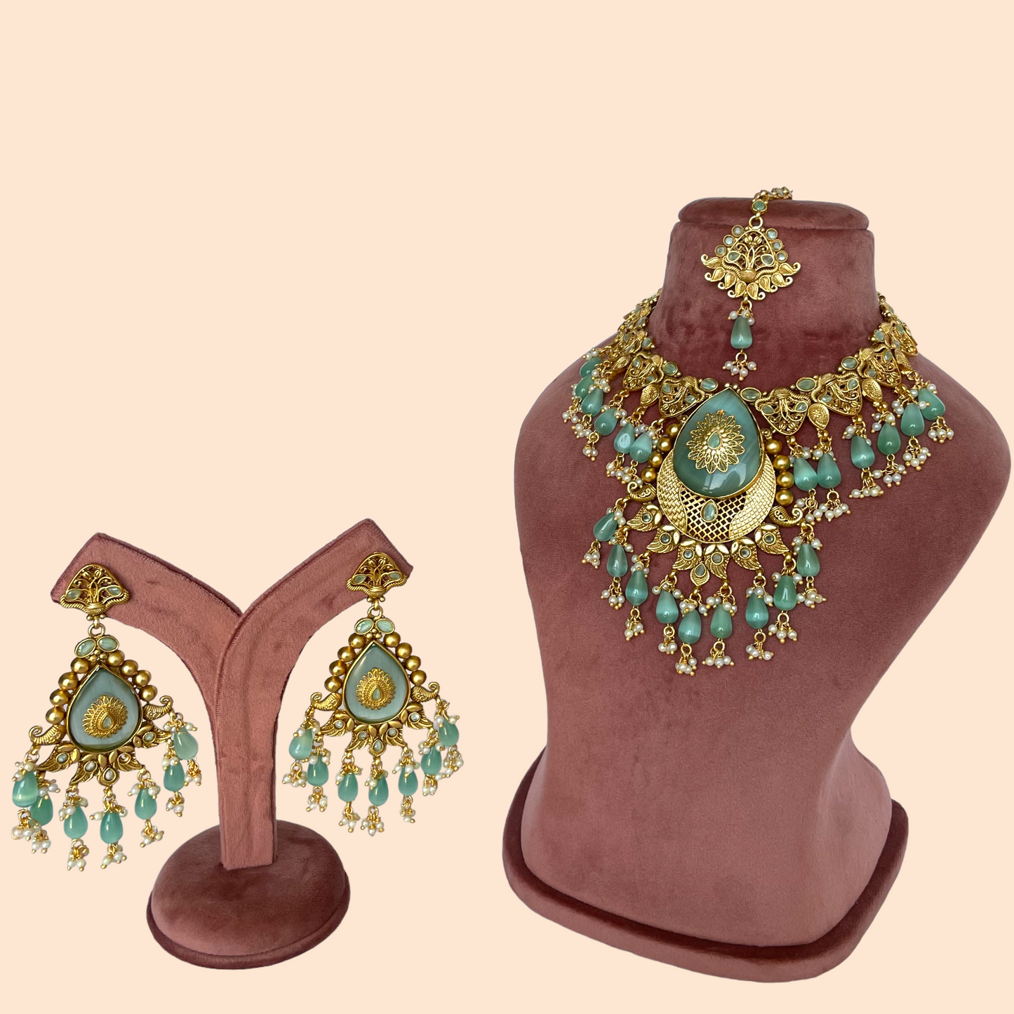 Gold Maangtikka Set with Turquoise Blue Drops